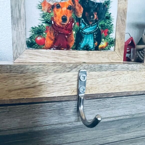 Christmas Dachshund Dogs Wood Fabric Beaded Stocking Hanger Hook - Picture 3 of 5